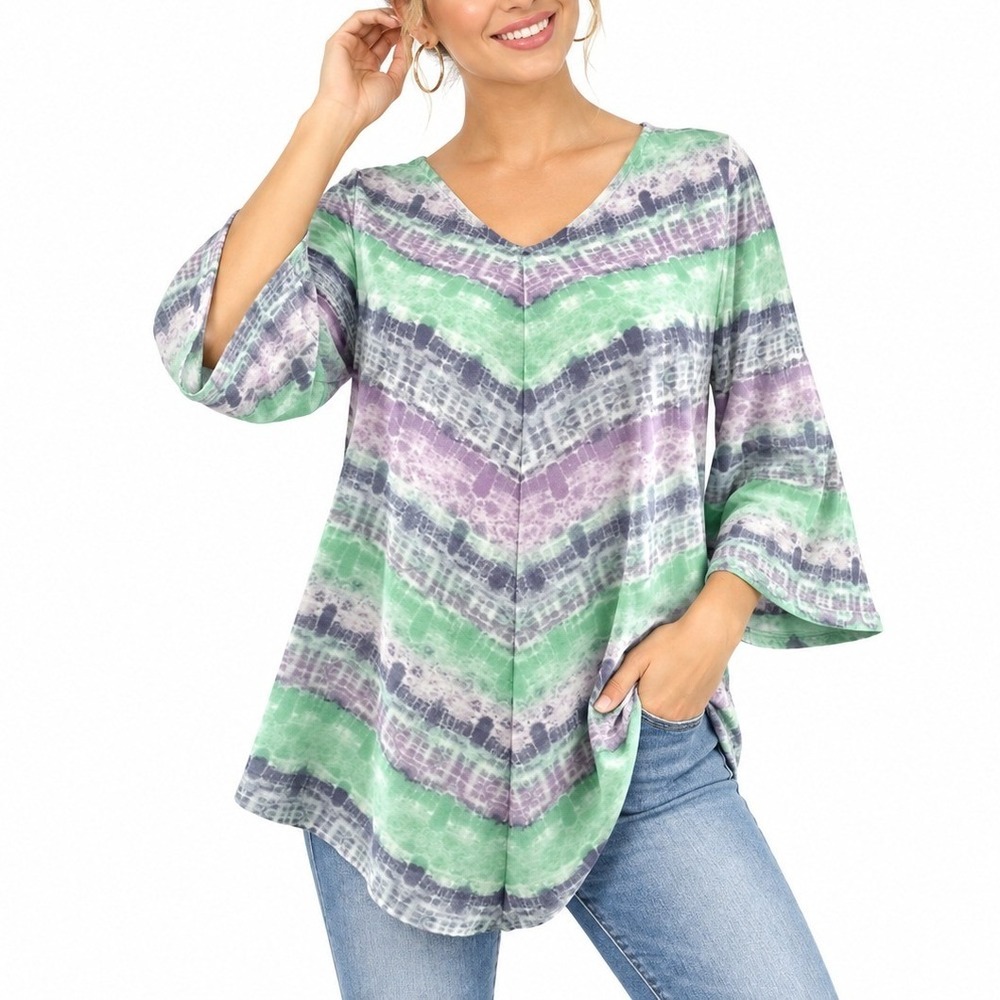 Ruby Rd Blouse Womens PL Green Purple Tie Dye Chevron V-Neck Bell Sleeve Top